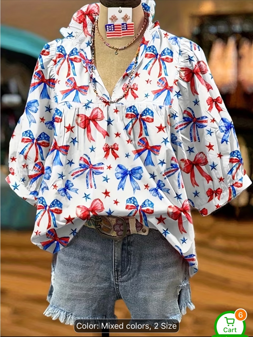 NWOT Patriotic Bow-Print Women's V-Neck Blouse - White with Red & Blue.